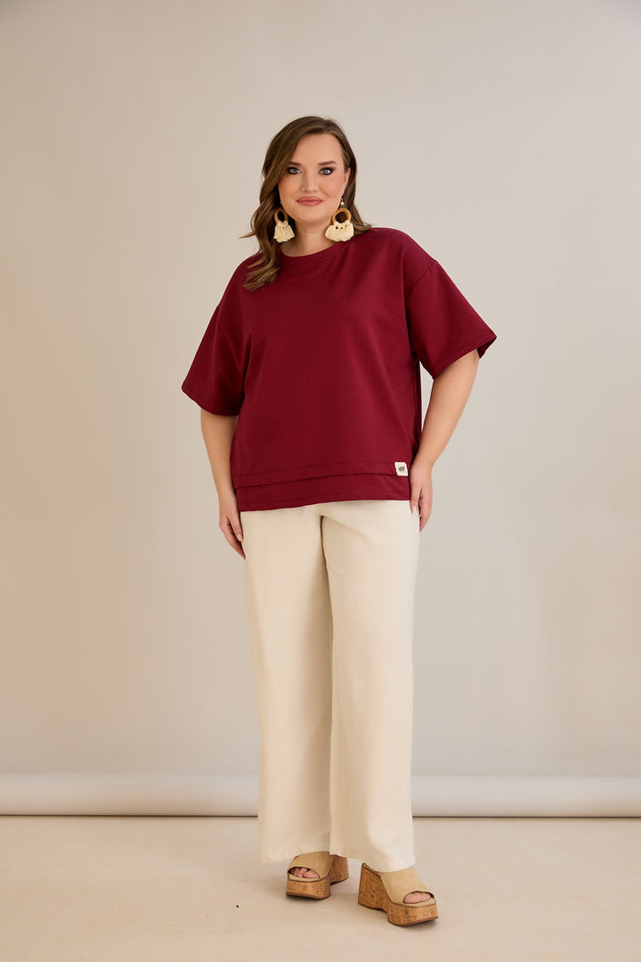 Oversize 100% pamučna majica s naglaskom na Vibes - Burgund 10877