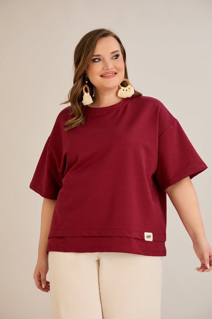 Oversize 100% pamučna majica s naglaskom na Vibes - Burgund 10877