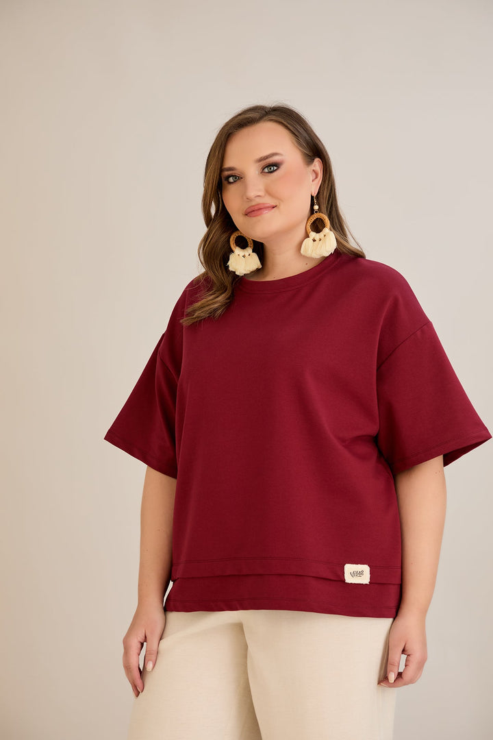 Oversize 100% pamučna majica s naglaskom na Vibes - Burgund 10877