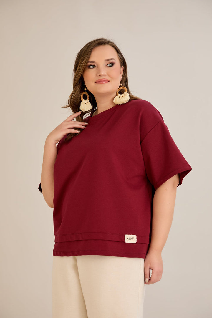 Oversize 100% pamučna majica s naglaskom na Vibes - Burgund 10877