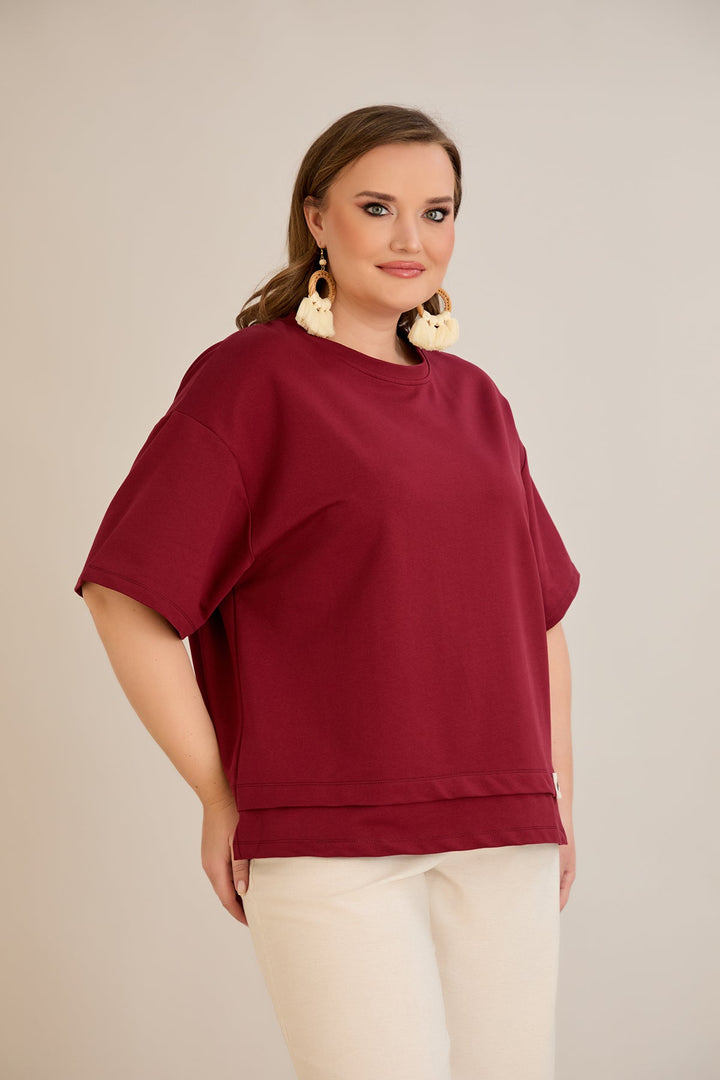 Oversize 100% pamučna majica s naglaskom na Vibes - Burgund 10877