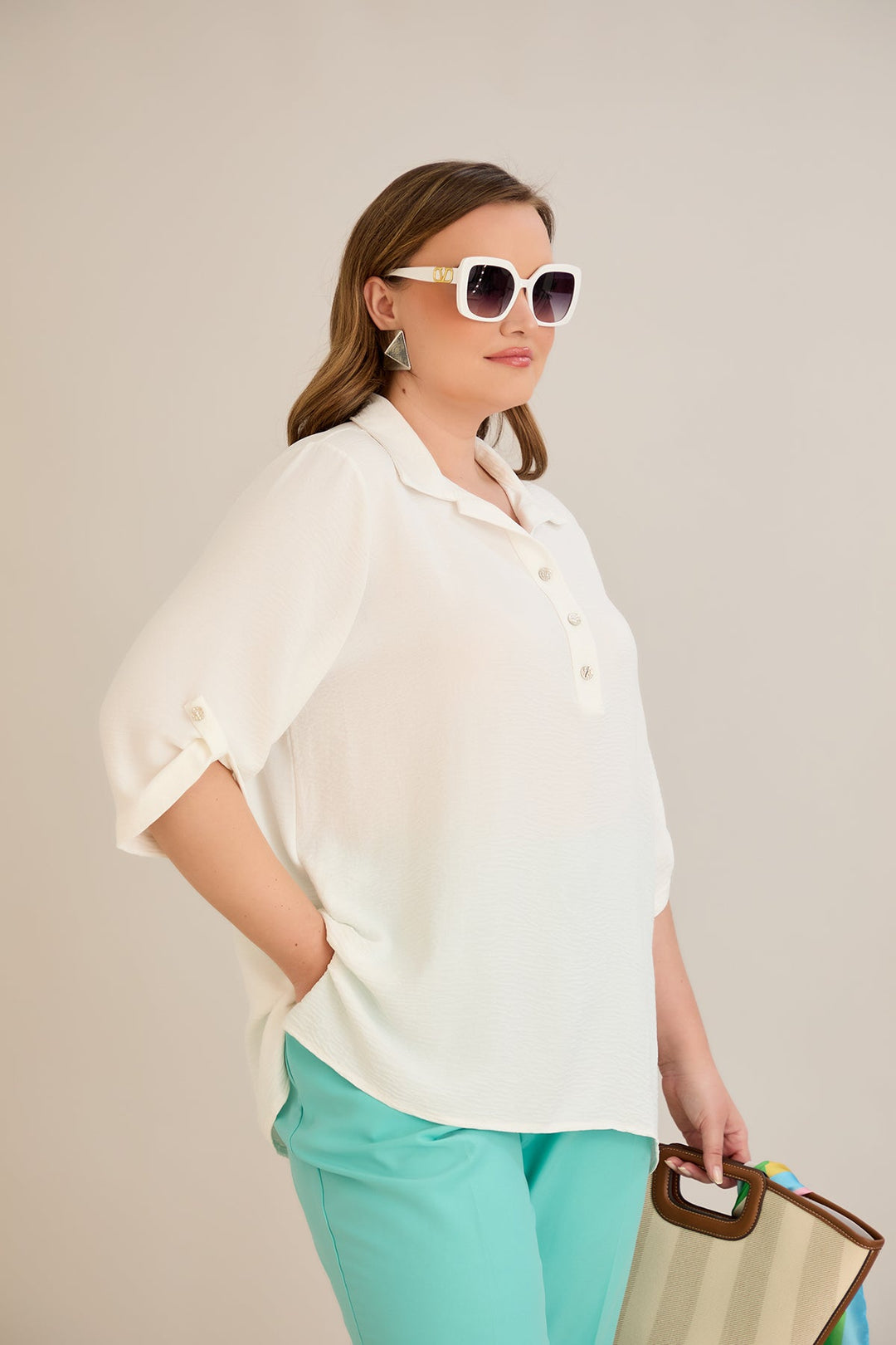 Košulja s 3/4 rukavima i dugmadi - Bijela