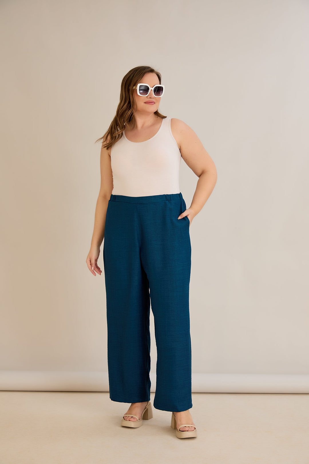 Široke ljetne hlače - petrol plava