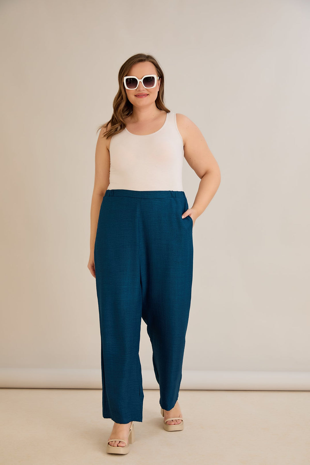 Široke ljetne hlače - petrol plava