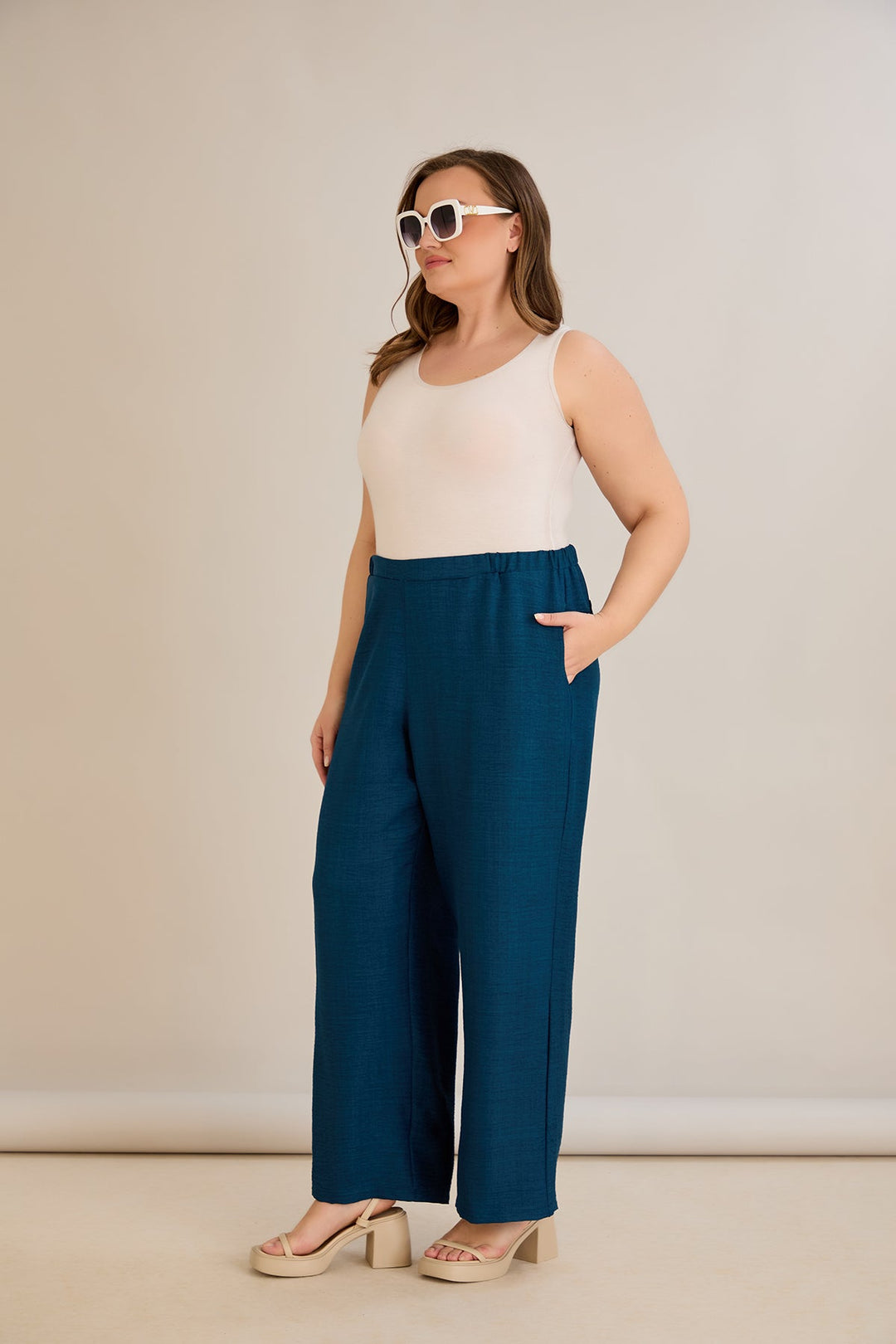 Široke ljetne hlače - petrol plava