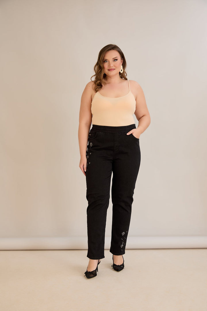 Damske elastične traperice s vezom - Crna