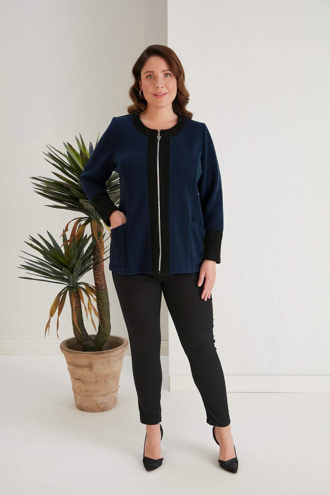 Жакет с цип в големи размери - тъмносин - My Store