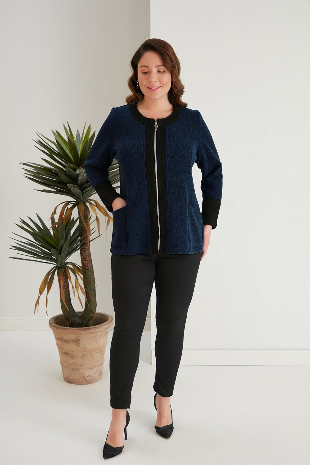 Жакет с цип в големи размери - тъмносин - My Store