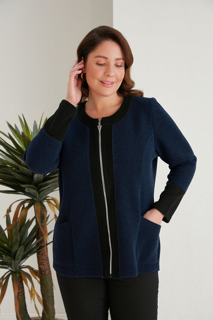 Жакет с цип в големи размери - тъмносин - My Store