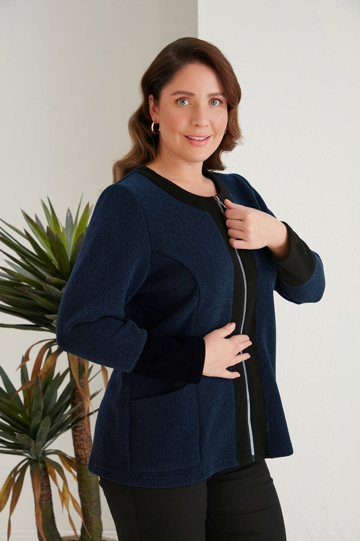 Жакет с цип в големи размери - тъмносин - My Store