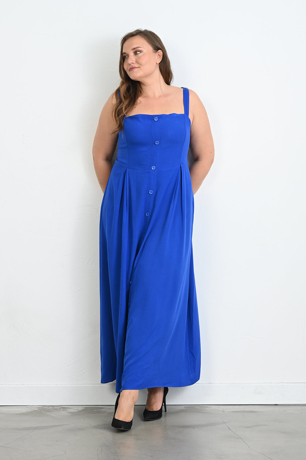 Duga haljina od viskoze s ukrasnim gumbima - Plava