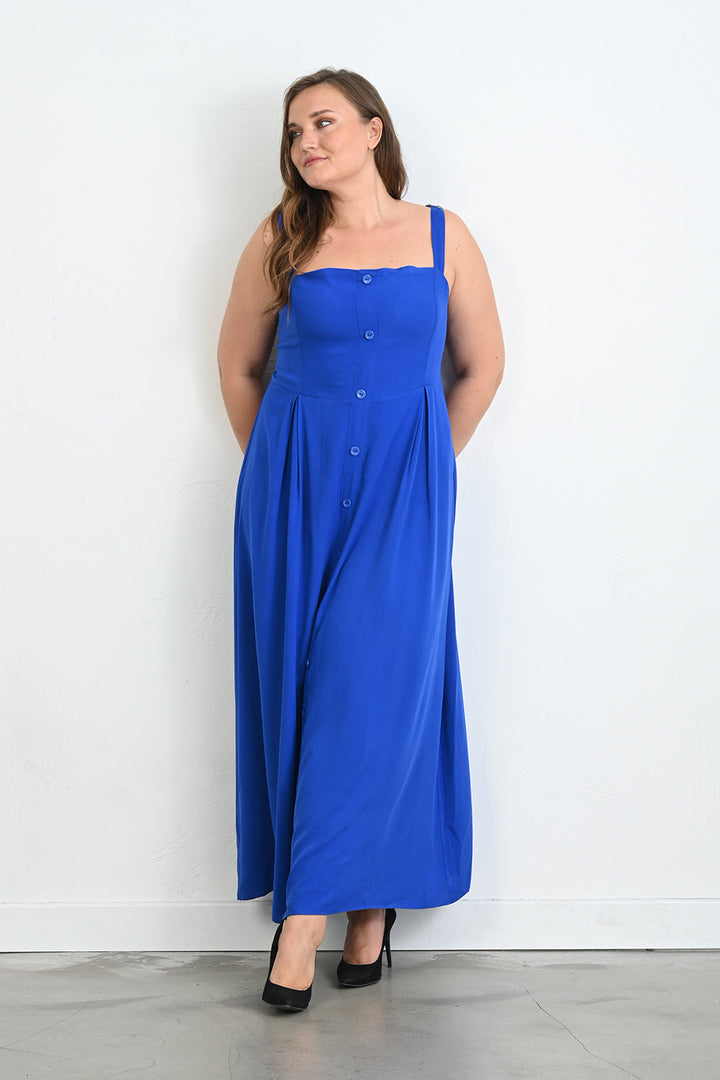 Duga haljina od viskoze s ukrasnim gumbima - Plava