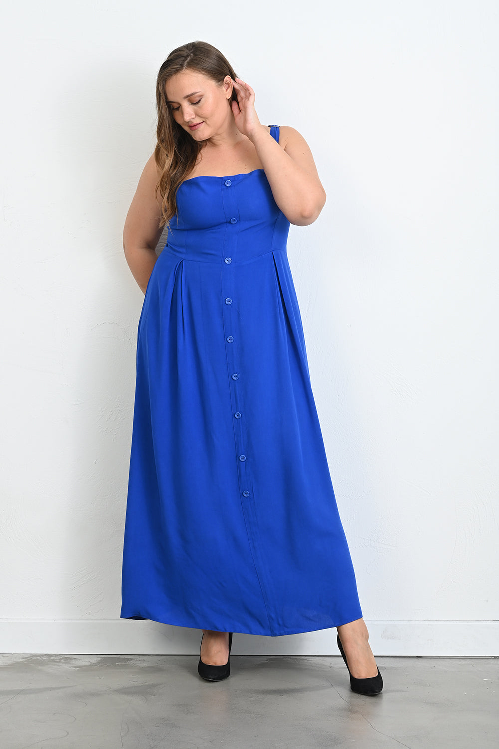 Duga haljina od viskoze s ukrasnim gumbima - Plava