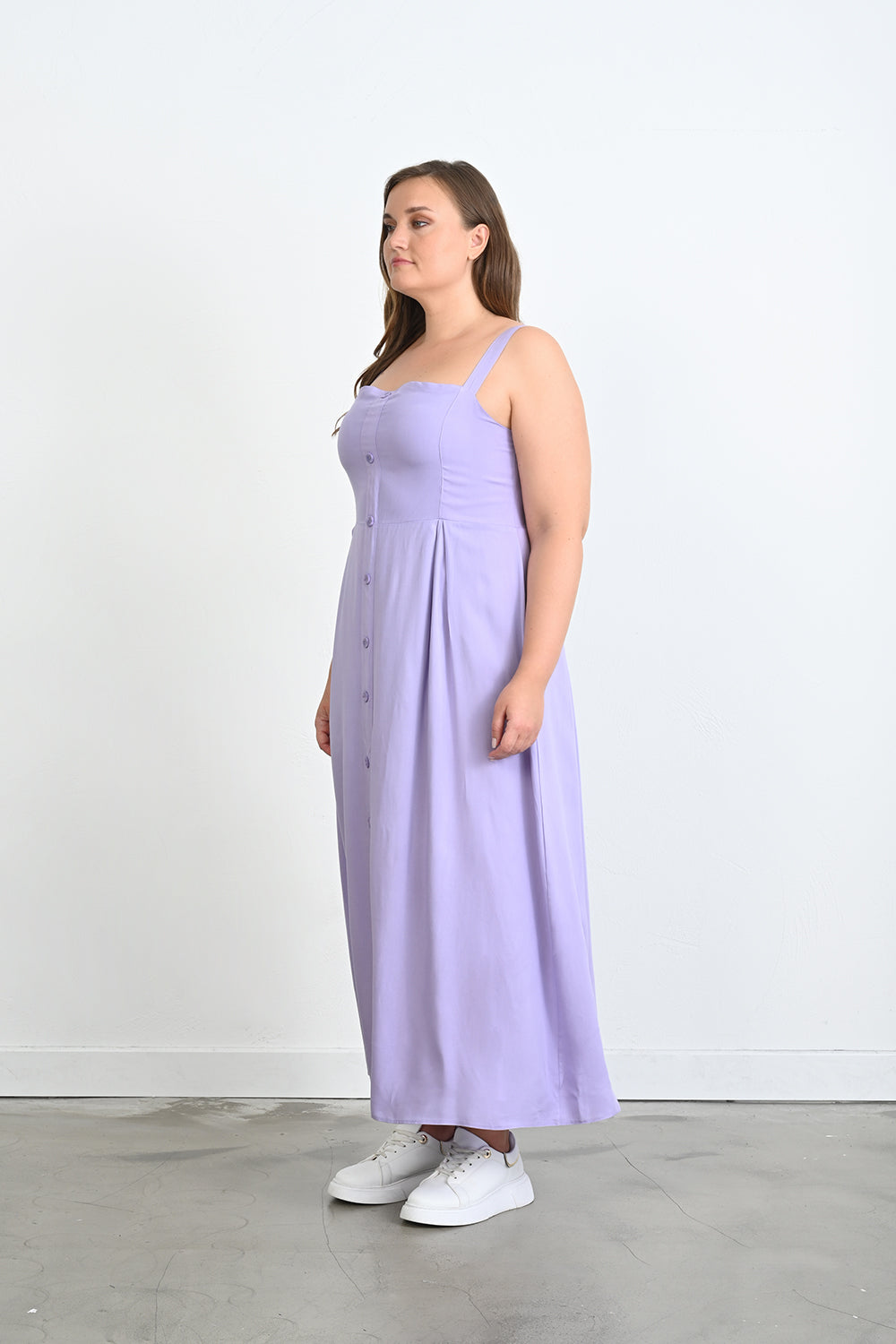 Duga haljina od viskoze s ukrasnim gumbima - Lila
