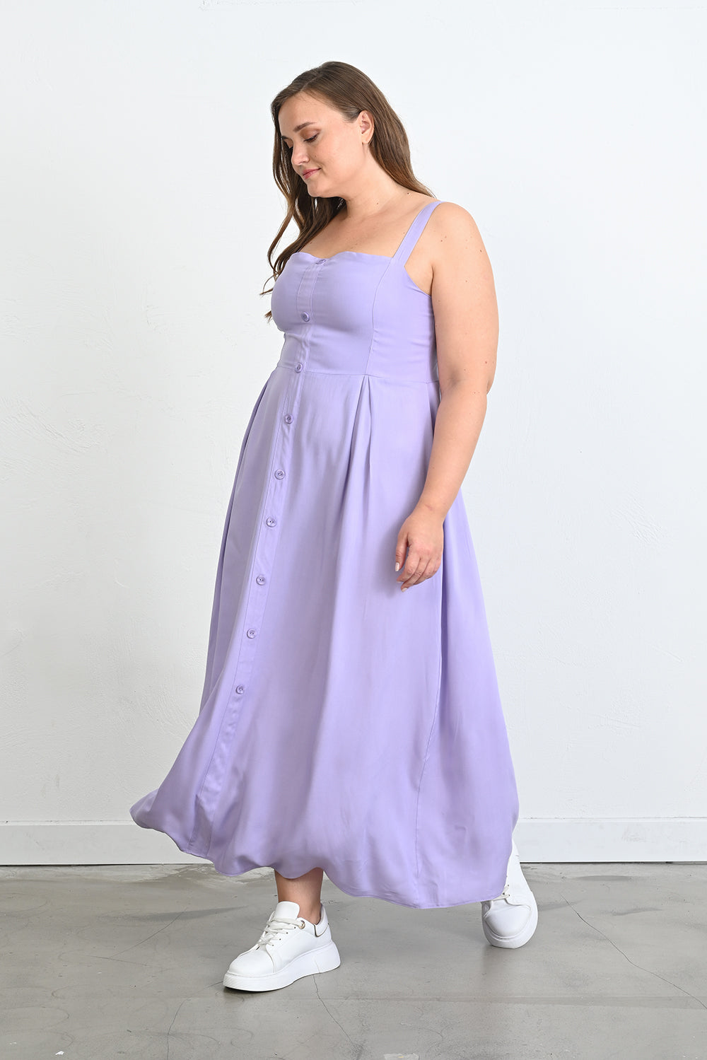 Duga haljina od viskoze s ukrasnim gumbima - Lila