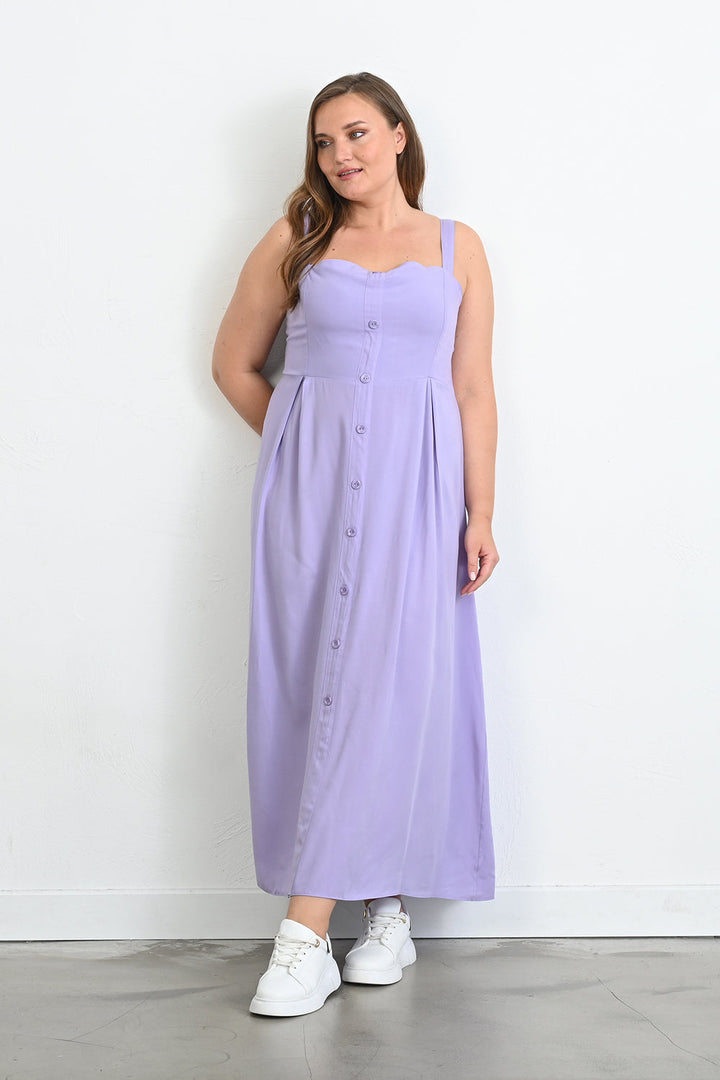 Дълга рокля от вискоза с декоративни копчета - люляк