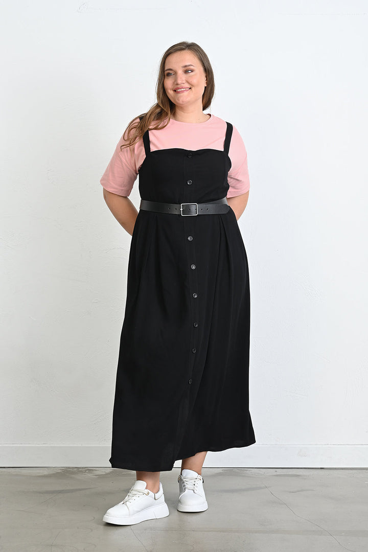 Duga haljina od viskoze s ukrasnim gumbima - Crna