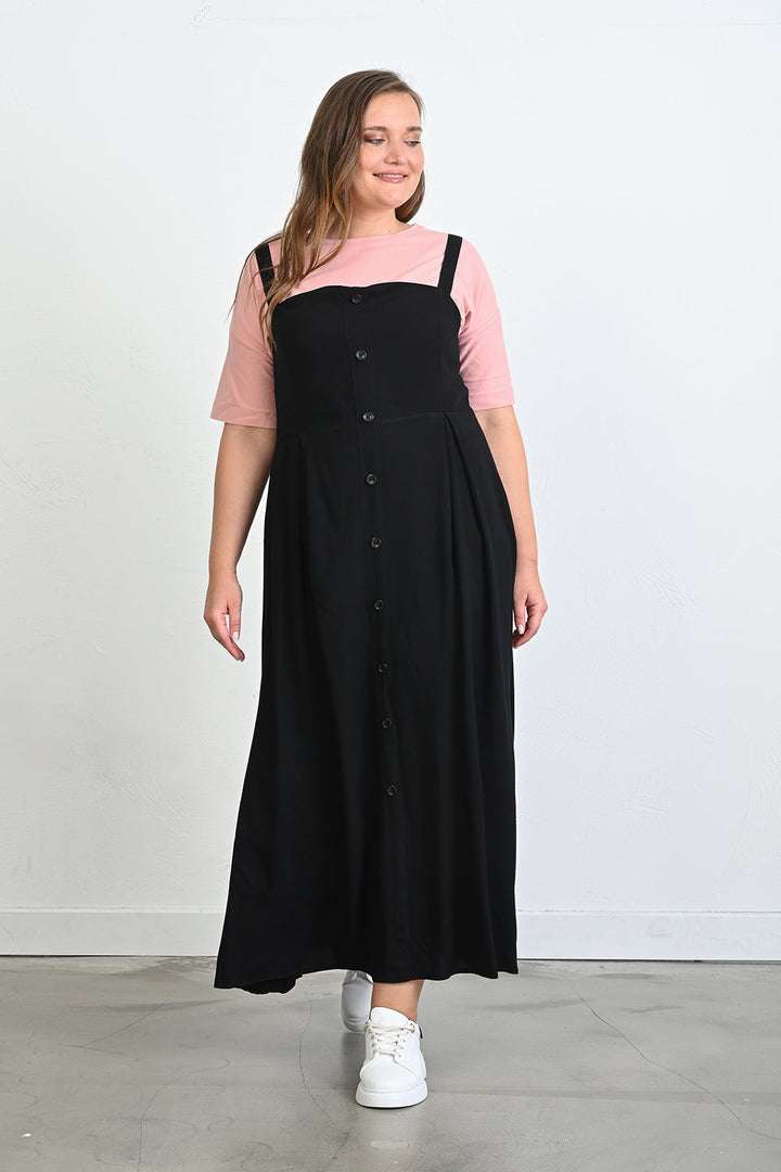 Duga haljina od viskoze s ukrasnim gumbima - Crna