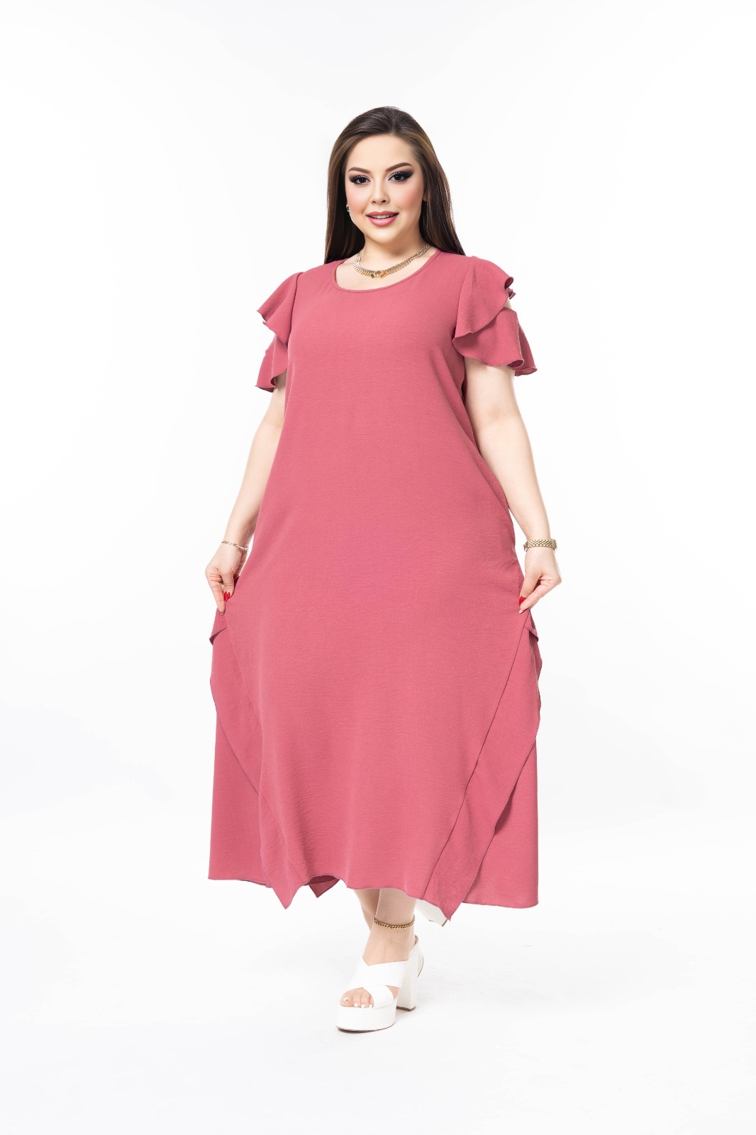 Haljina s volanima od lagane tkanine - Ružičasta