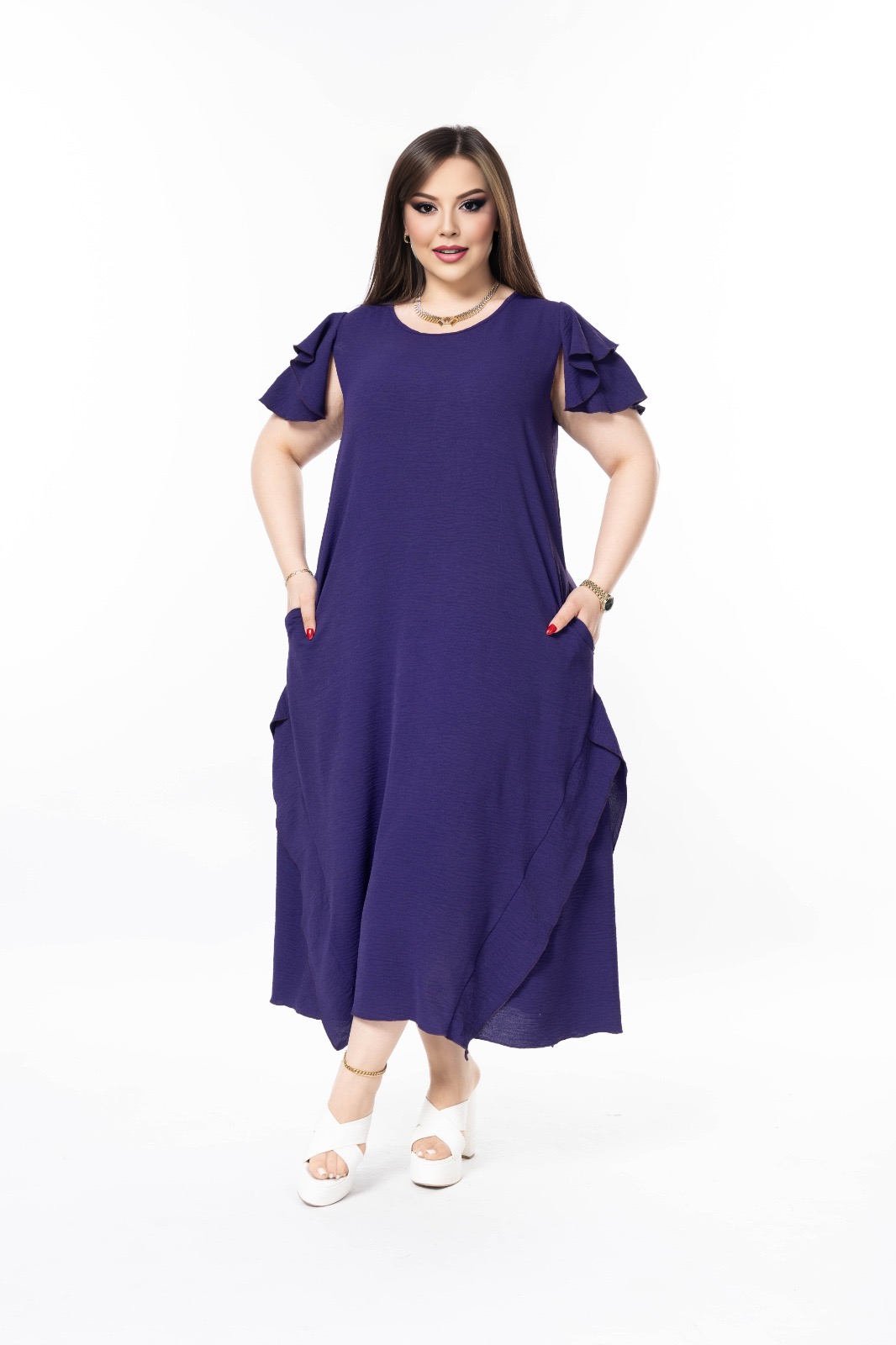 Haljina s volanima od lagane tkanine - Ljubičasta