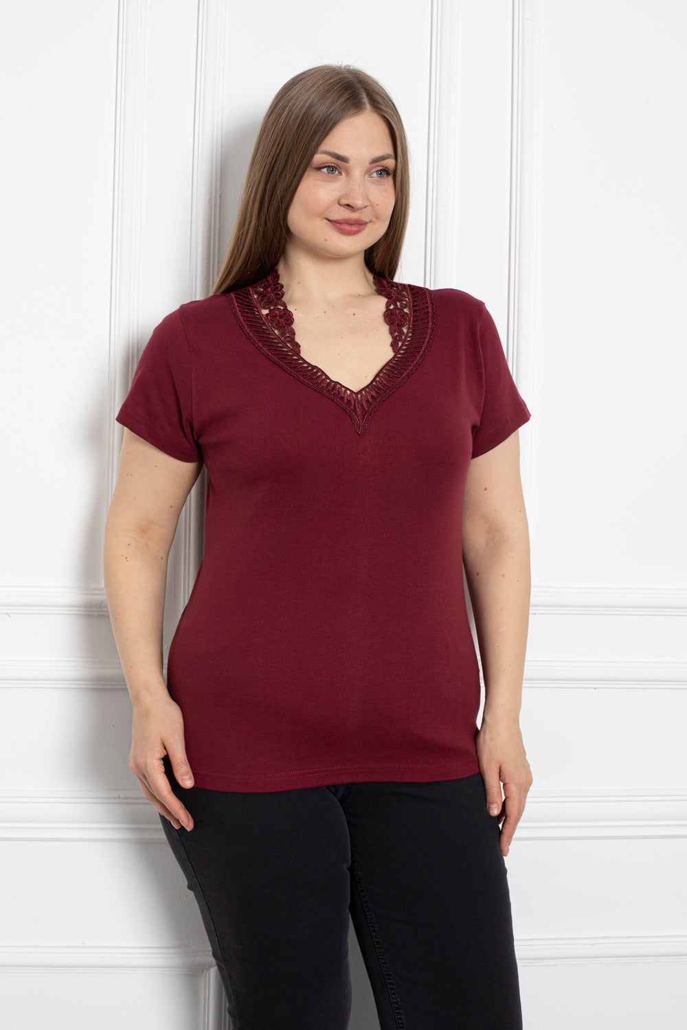 Pamučna bluza s čipkom - bordo - My Store