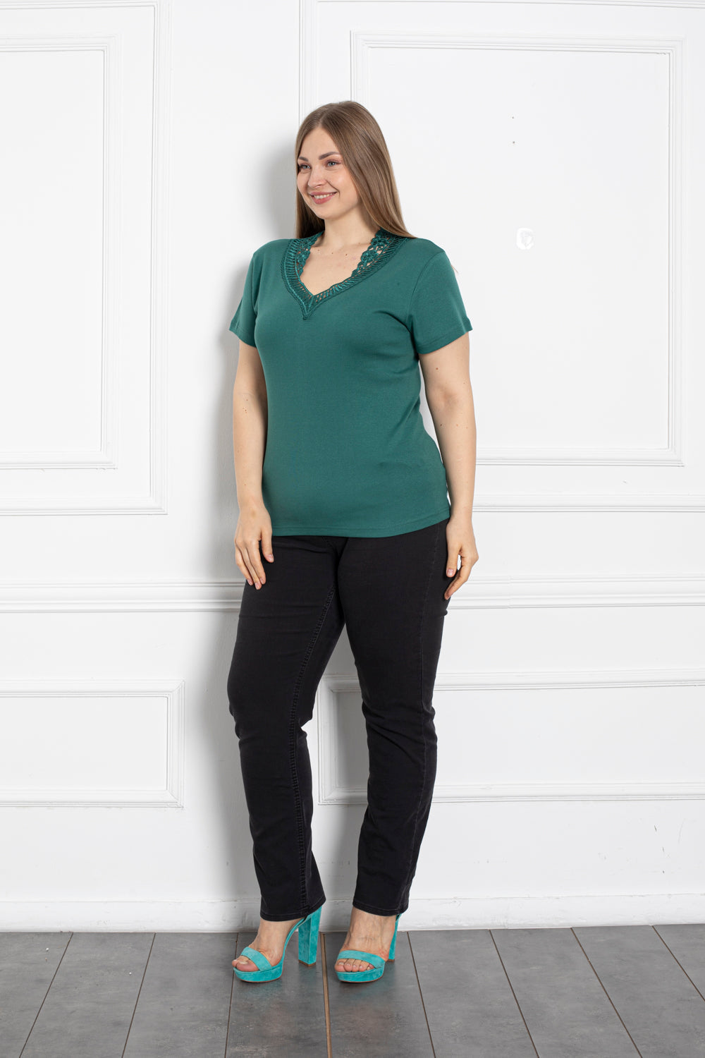 Pamučna bluza s čipkom - zelena