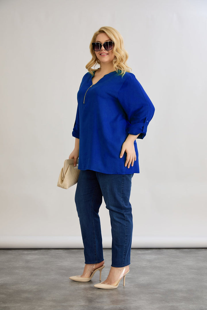 Bluza od viskoze s patentnim zatvaračem na dekolteu - kobalt.