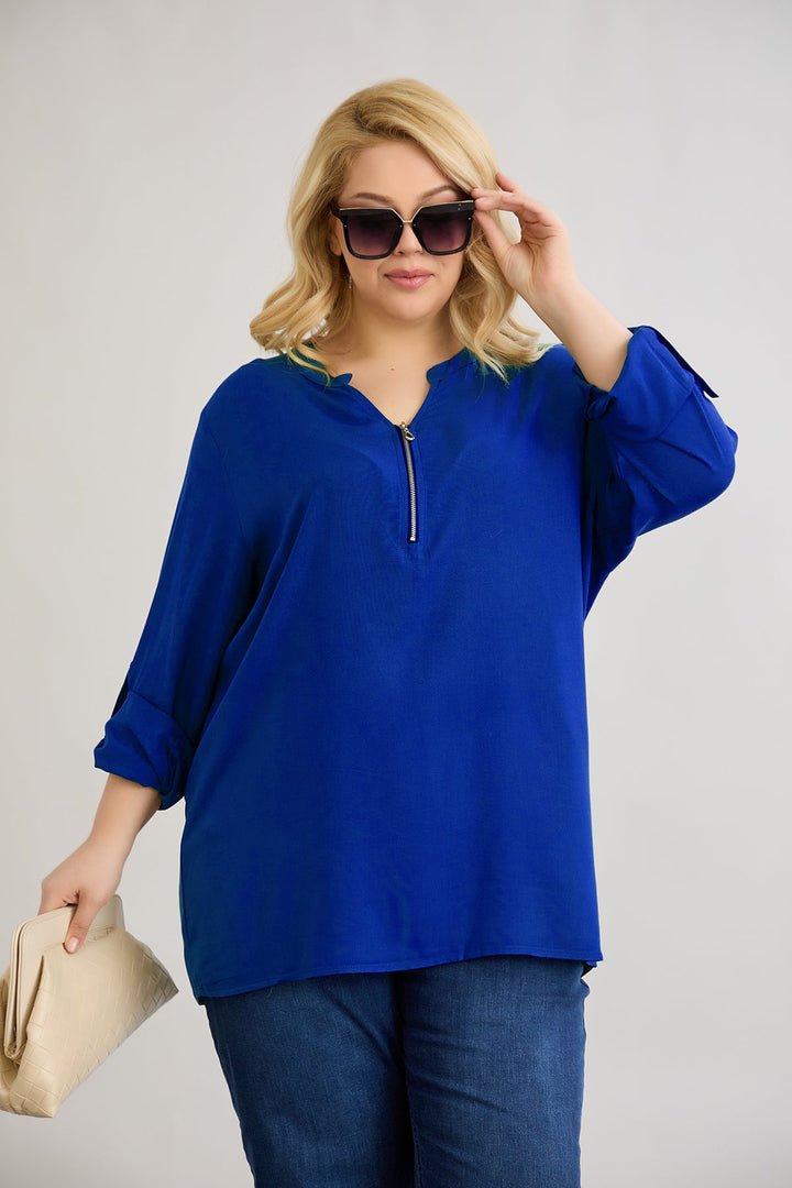 Bluza od viskoze s patentnim zatvaračem na dekolteu - kobalt.