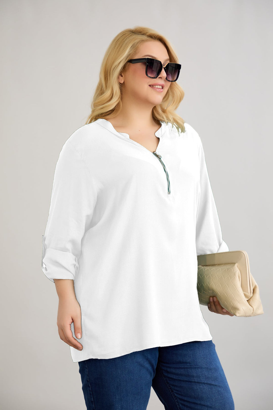 Bluza od viskoze s patentnim zatvaračem na dekolteu - Bijela