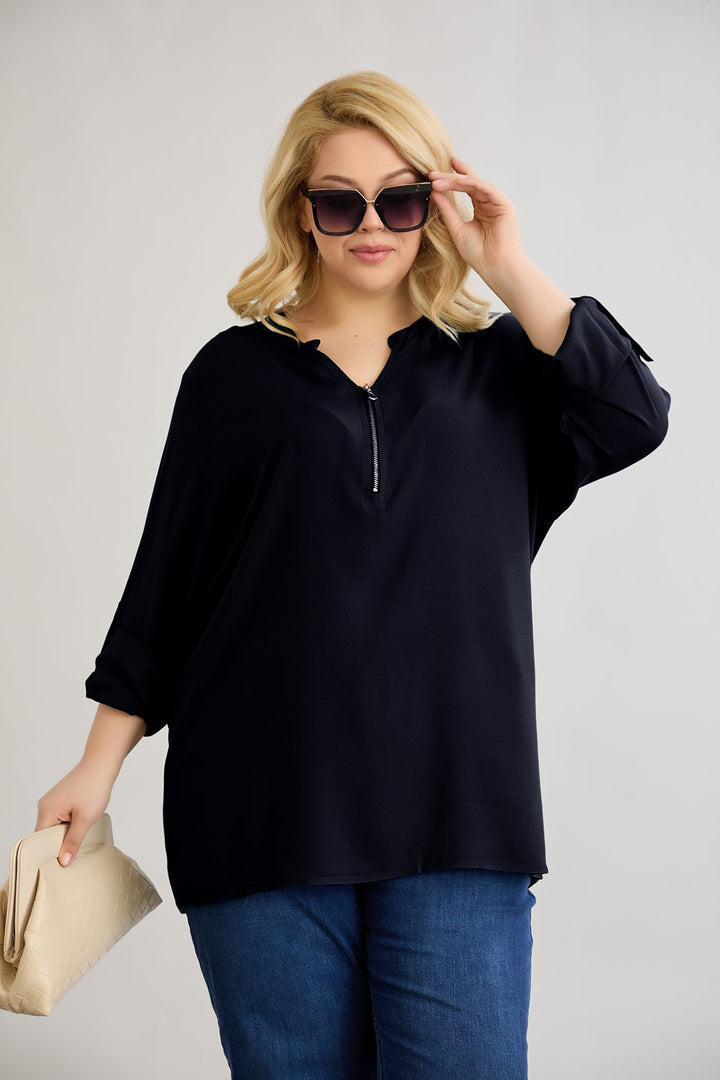 Bluzica od viskoze s patentnim zatvaračem na dekolteu - Crna