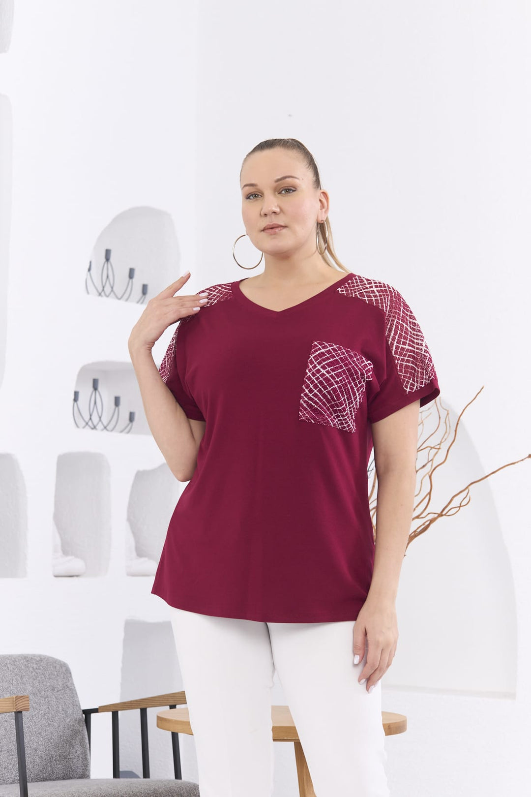 Duga bluzica s dekorativnom mrežom - Bordo
