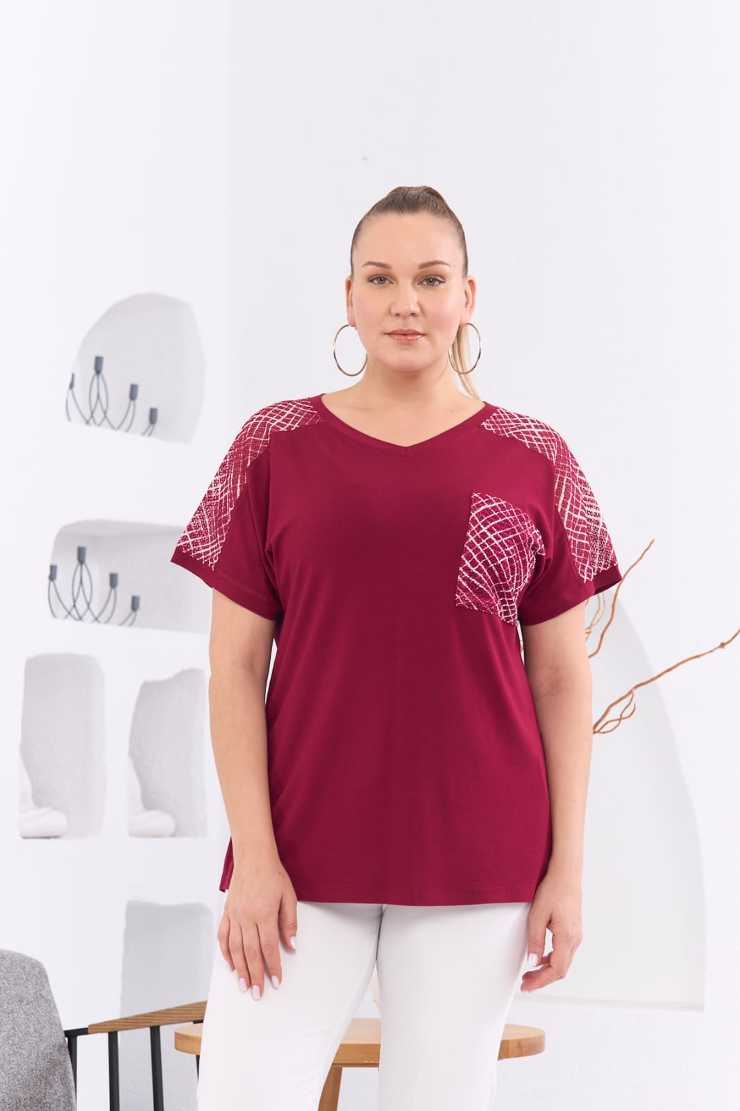 Duga bluzica s dekorativnom mrežom - Bordo