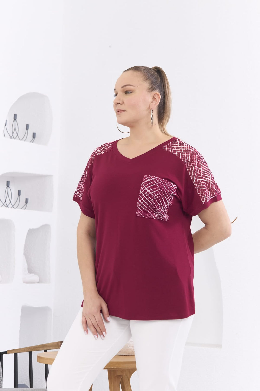 Duga bluzica s dekorativnom mrežom - Bordo