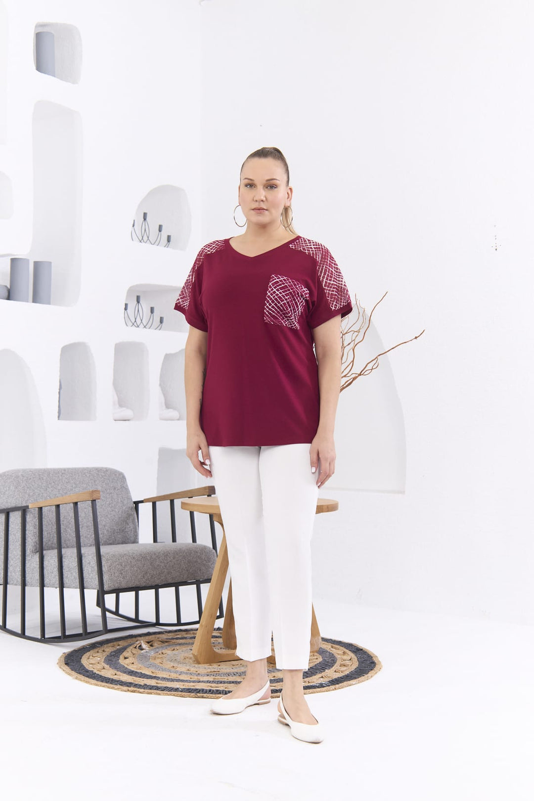 Duga bluzica s dekorativnom mrežom - Bordo