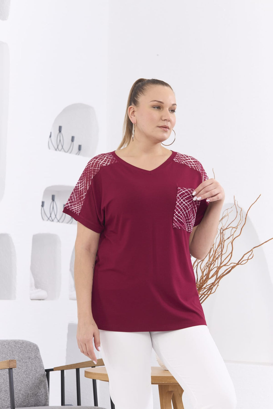 Duga bluzica s dekorativnom mrežom - Bordo