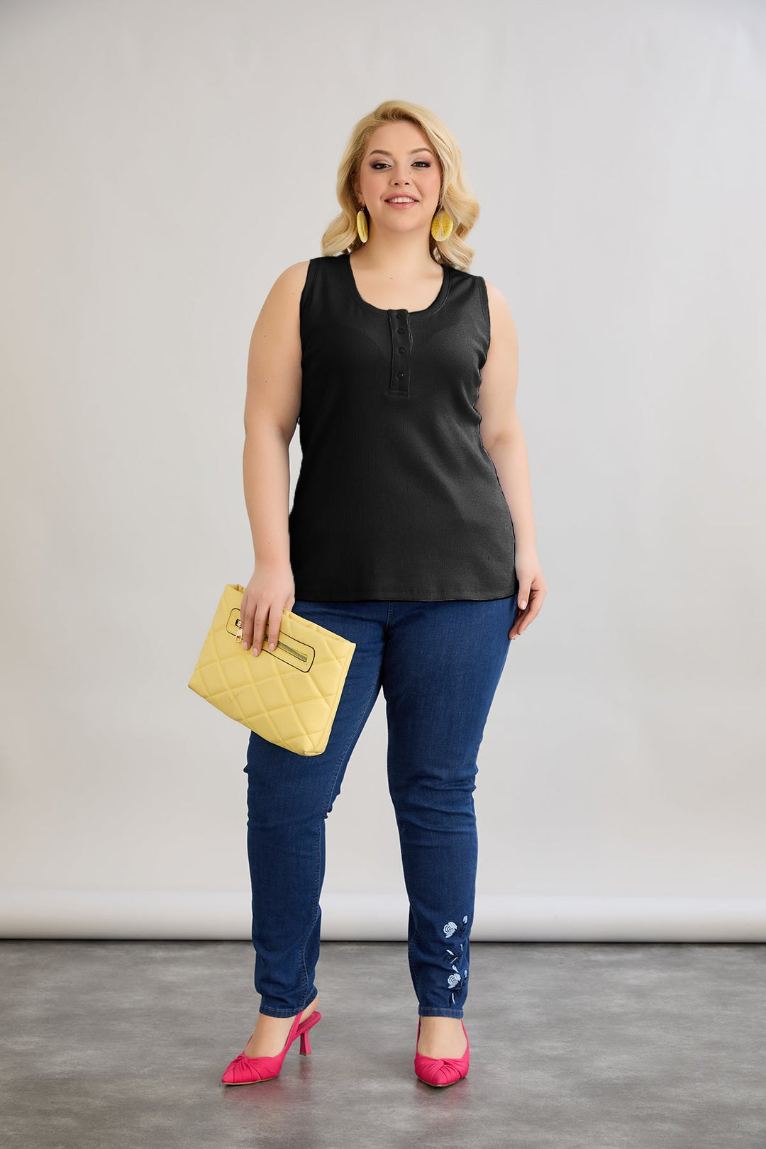 Pamukasti top s dugmadi - Crna