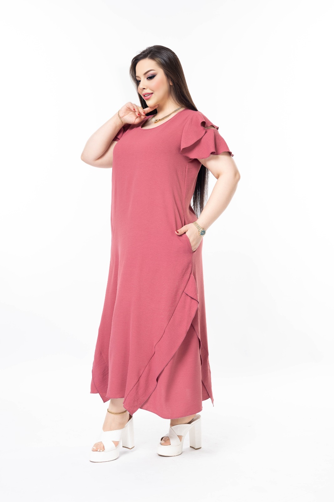 Haljina s volanima od lagane tkanine - Ružičasta