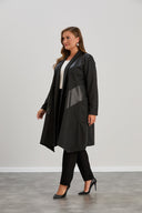 Елегантна Жилетка с Кожа и Връзки в черен цвят - Макси модели