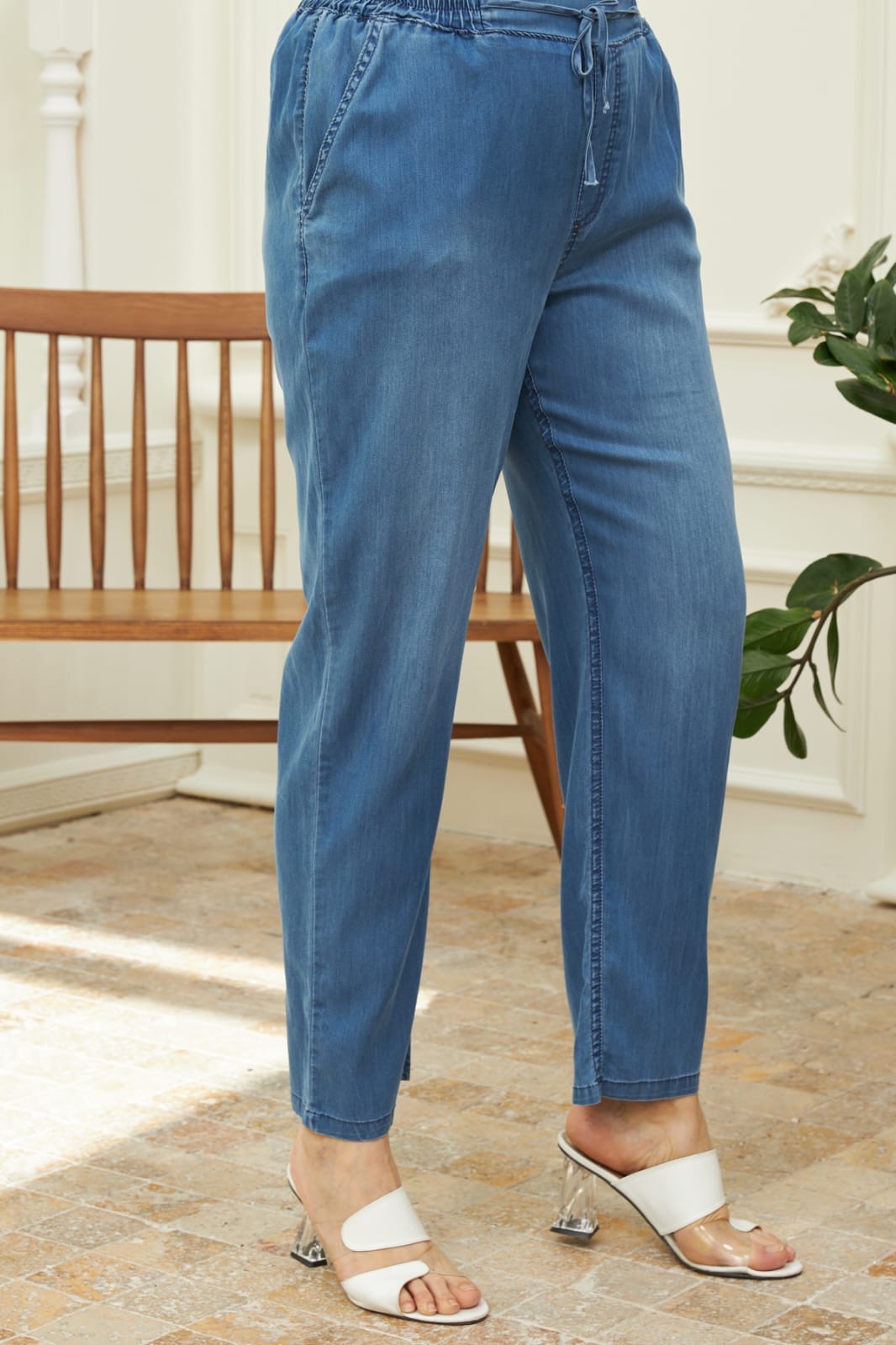 Прав модел летни дънки с талия на ластик и връзки - My Store