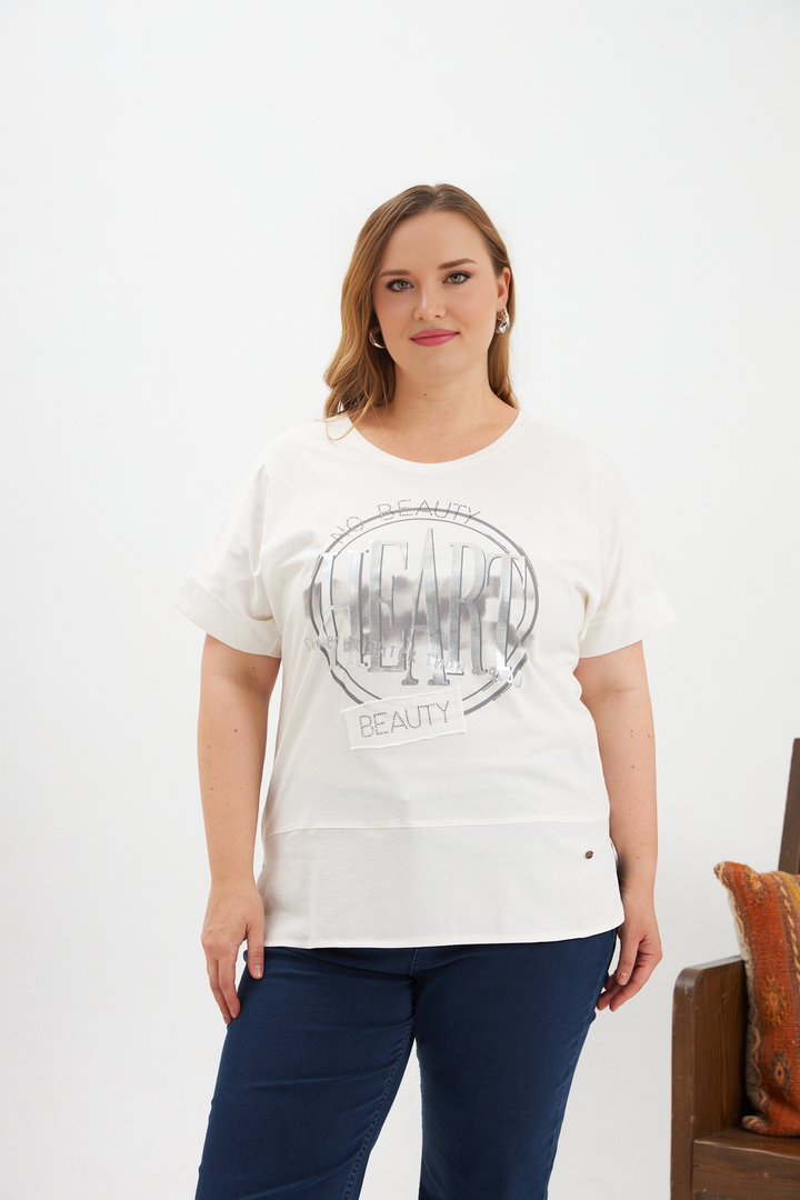 Majica s printom i ukrasnim kamenčićima HEART - Bež