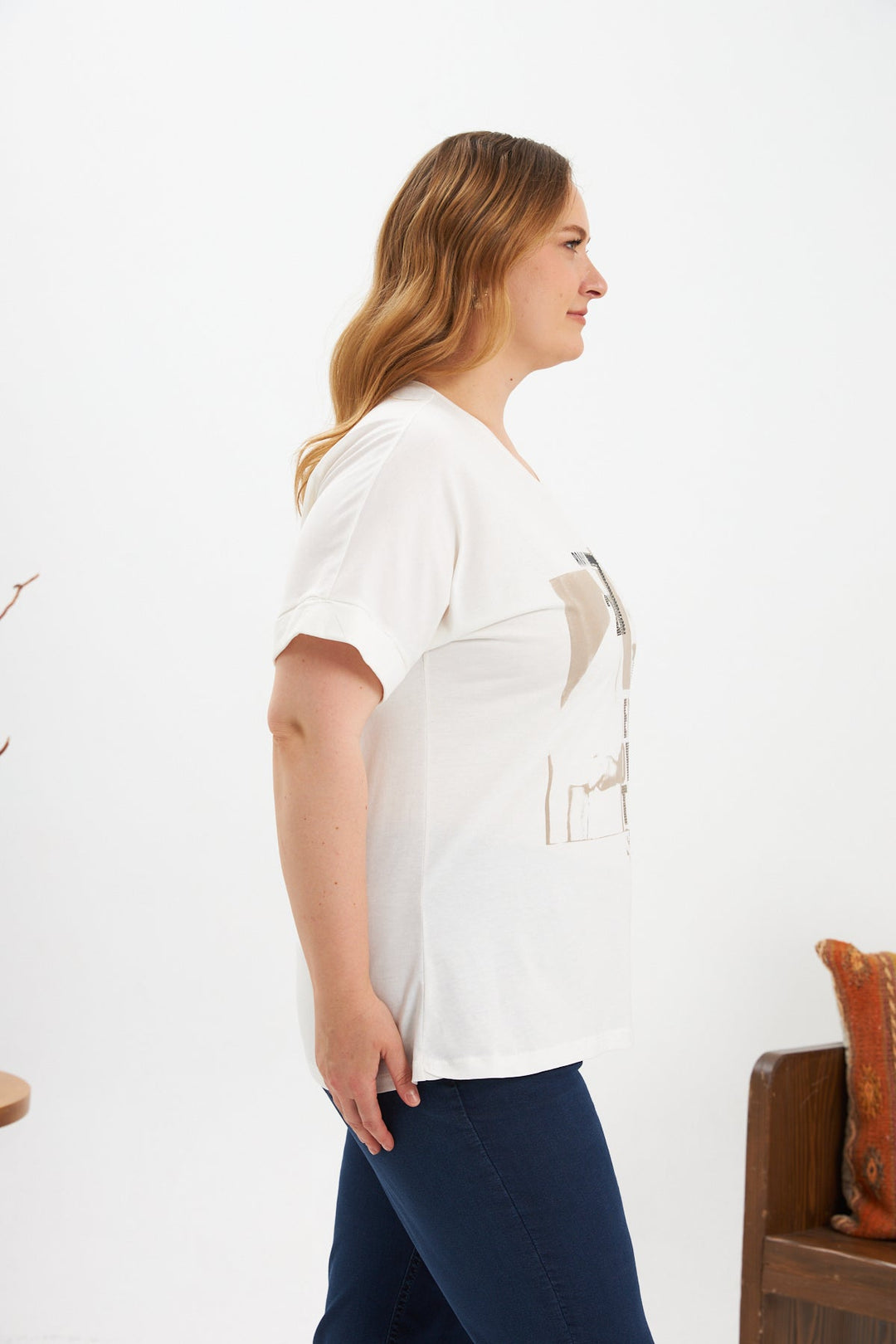 Majica s printom i ukrasnim kamenčićima - Bež