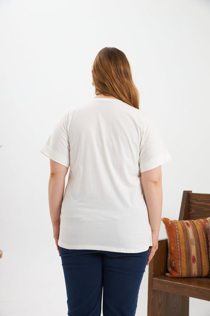 Majica s printom i ukrasnim kamenčićima - Bež