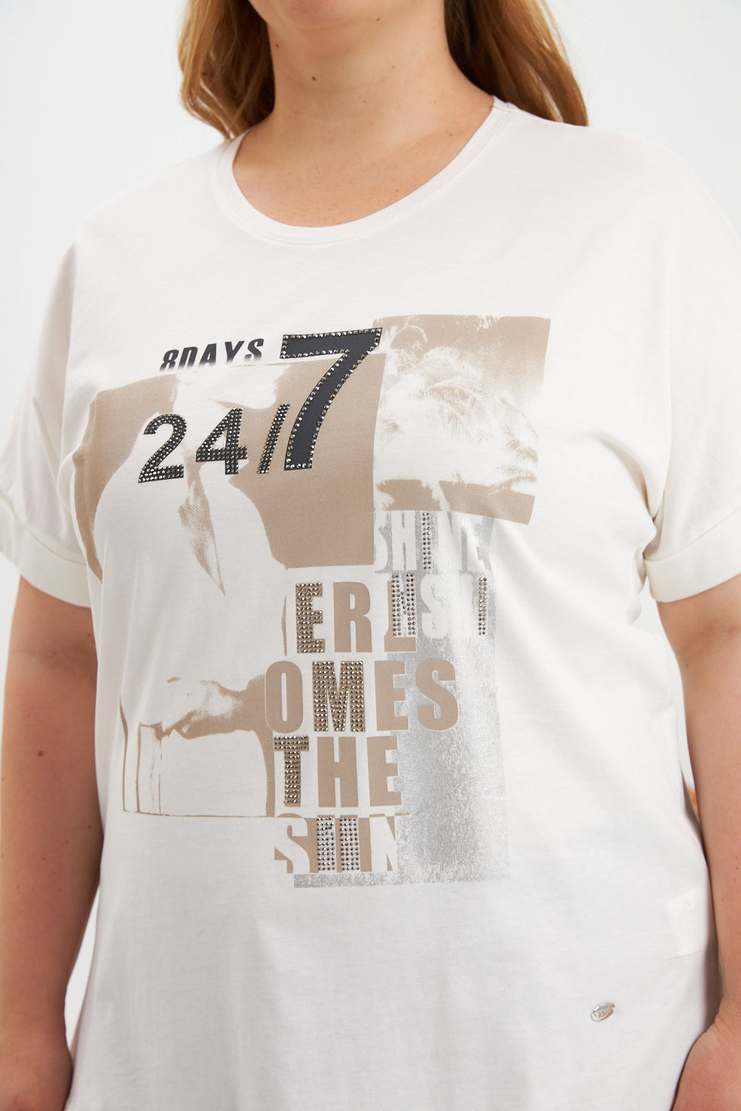 Majica s printom i ukrasnim kamenčićima - Bež