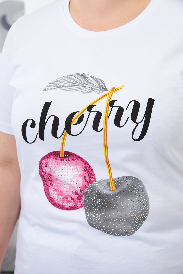 Pamučna majica s kamenčićima Cherry - Bijela