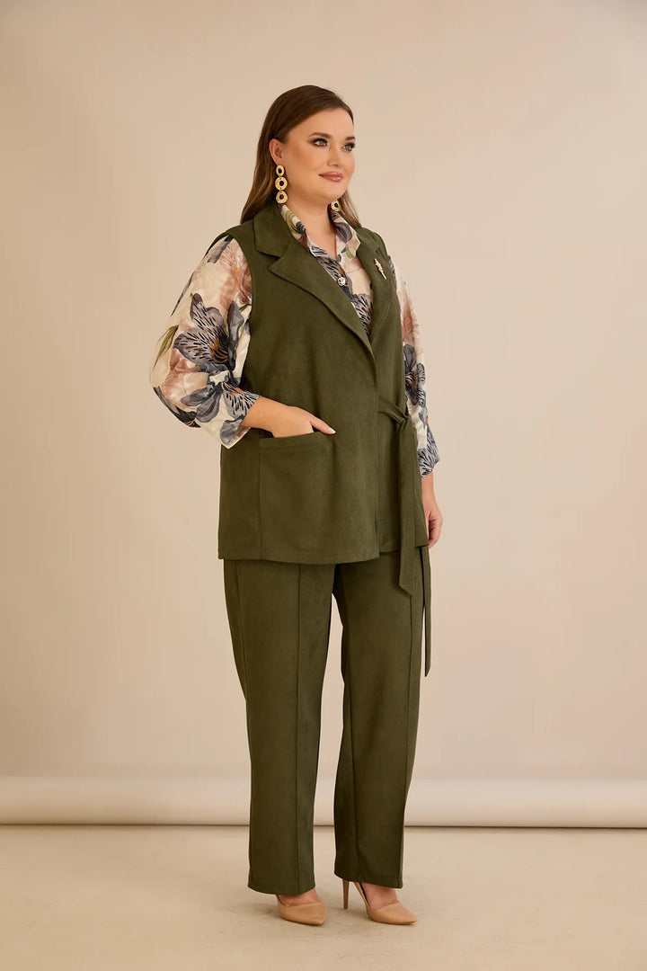 Elegantni prsluk s reverom i brošem – Kaki