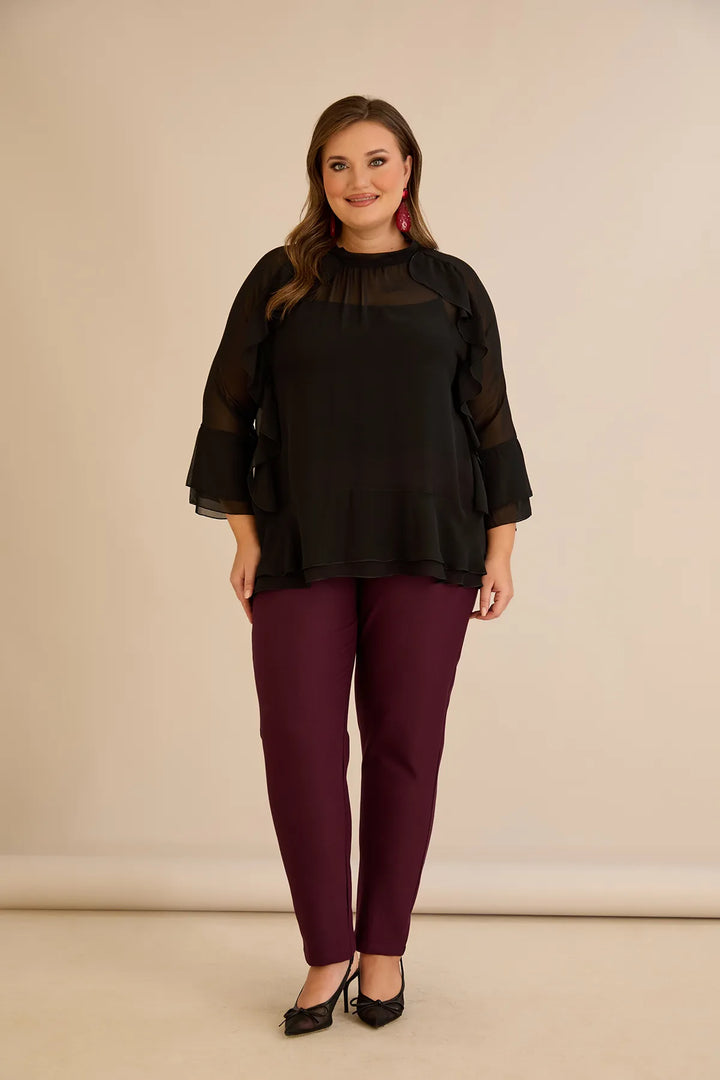 Elegantna šifonska bluza s volanima u crnoj boji