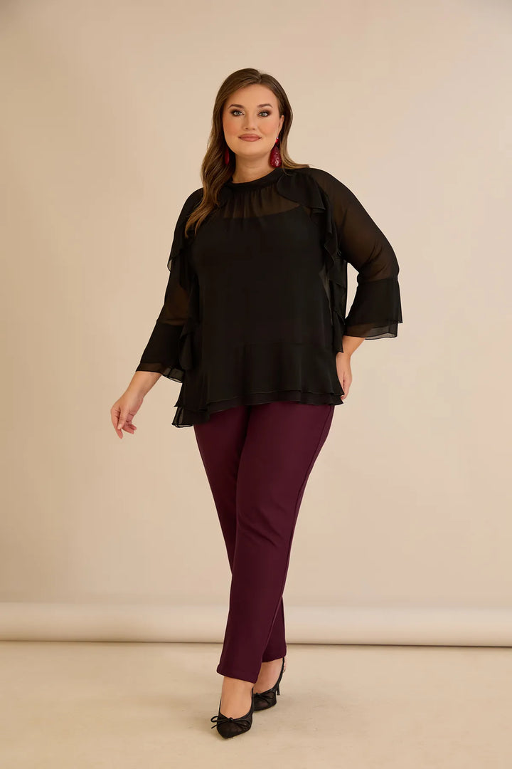 Elegantna šifonska bluza s volanima u crnoj boji