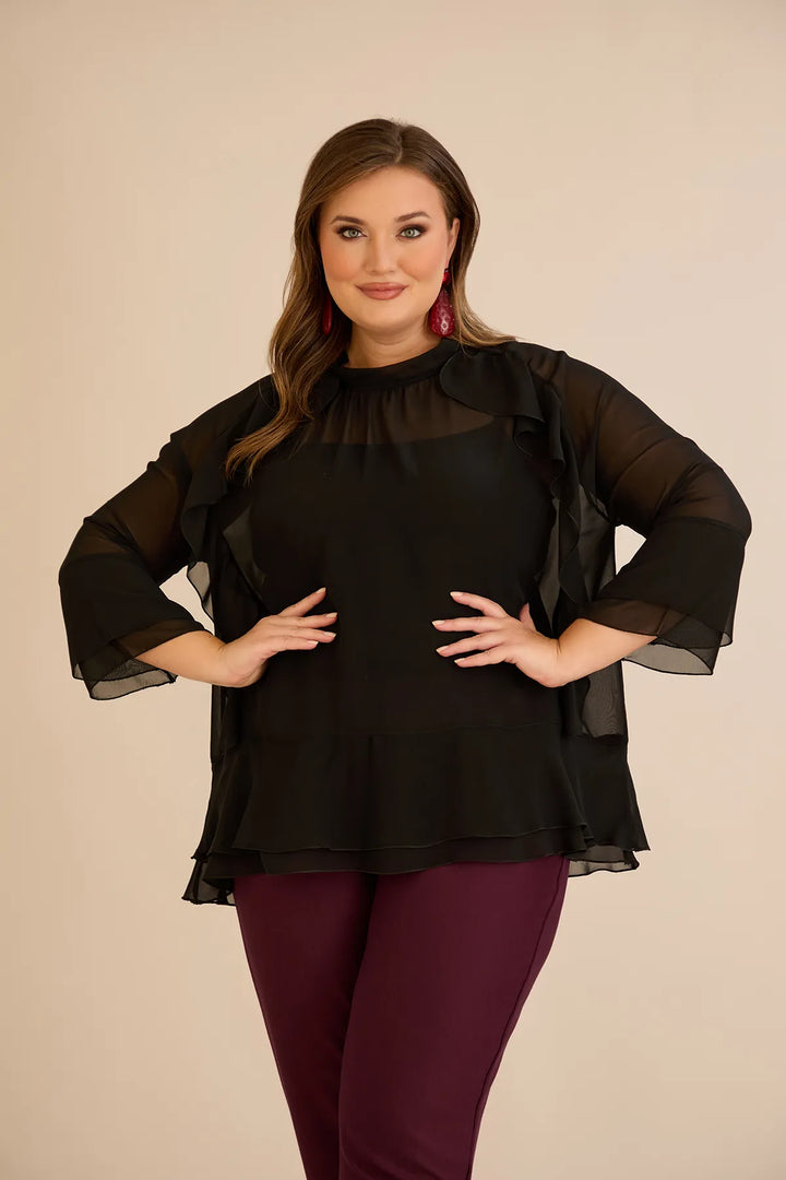 Elegantna šifonska bluza s volanima u crnoj boji