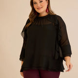 Elegantna šifonska bluza s volanima u crnoj boji