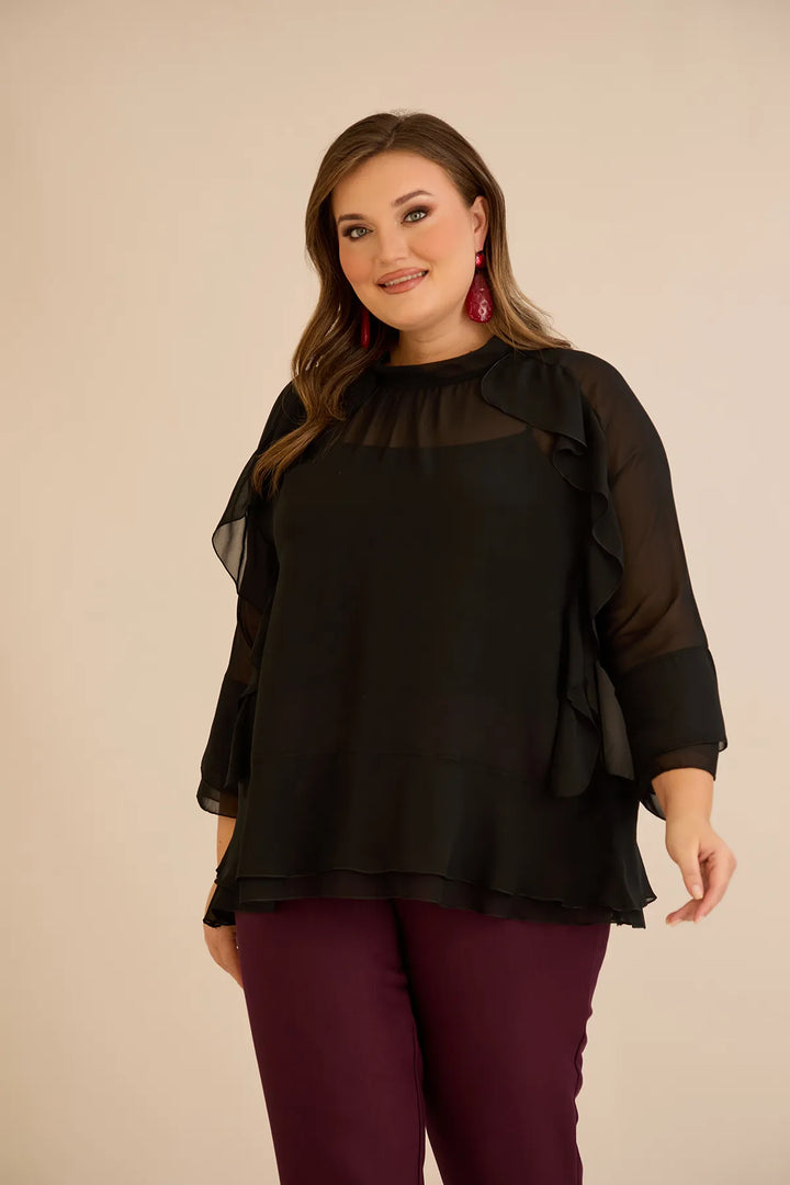 Elegantna šifonska bluza s volanima u crnoj boji